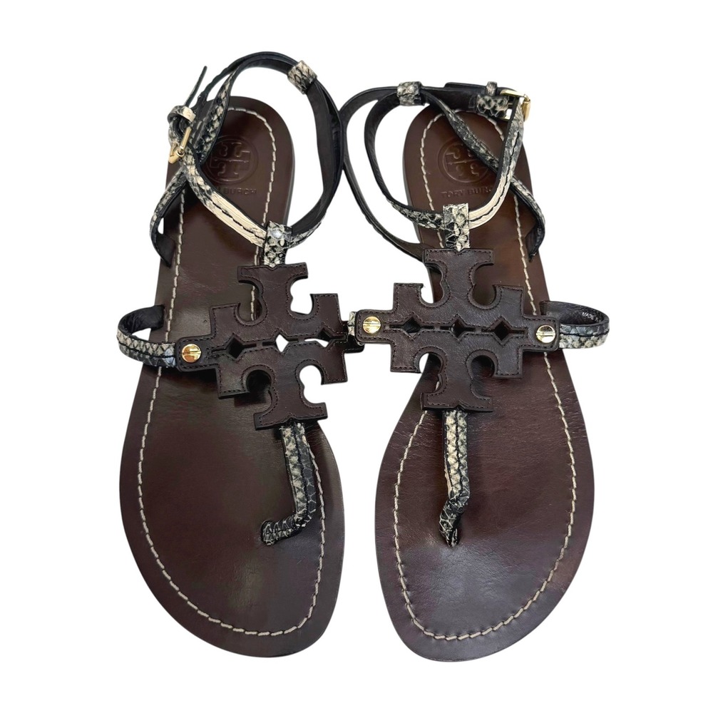 Tory Burch Chandler Logo Sandals 8 Ankle Strap Dark Brown Snakeskin Phoebe $265